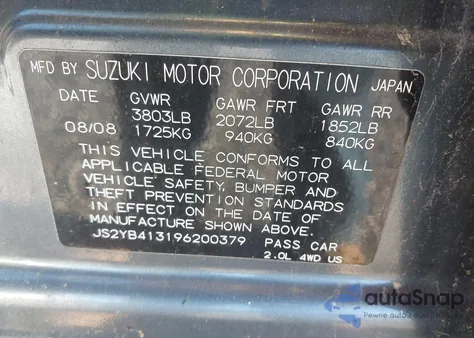 2009 Suzuki Sx4 Technology from USA, damaged, VIN JS2YB413196200379